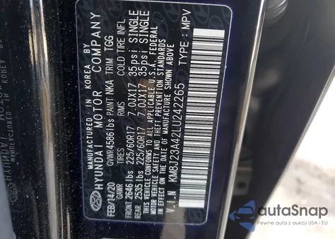 2020 Hyundai Tucson Se z USA, uszkodzony, nr VIN KM8J23A42LU242265